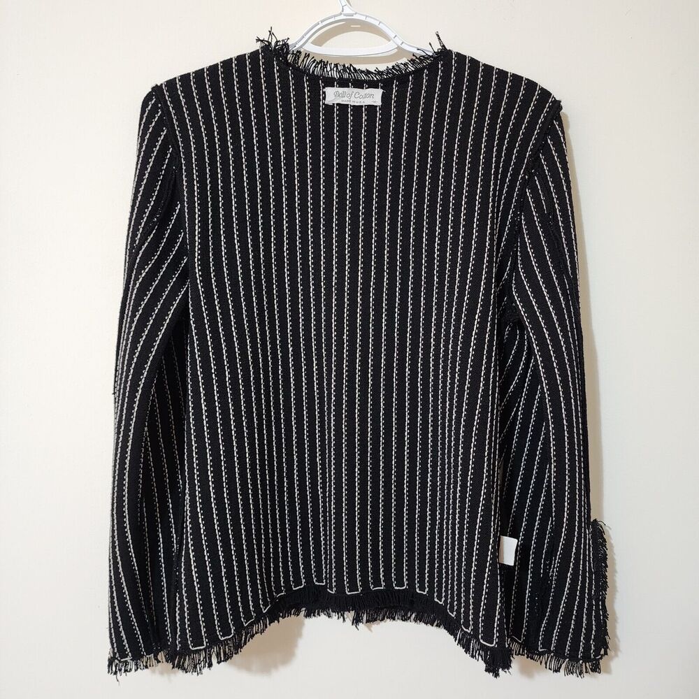 Ball of Cotton Womens Wool-Blend Knit Button-Up Jacket M Black White Fringe USA - Picture 5 of 9